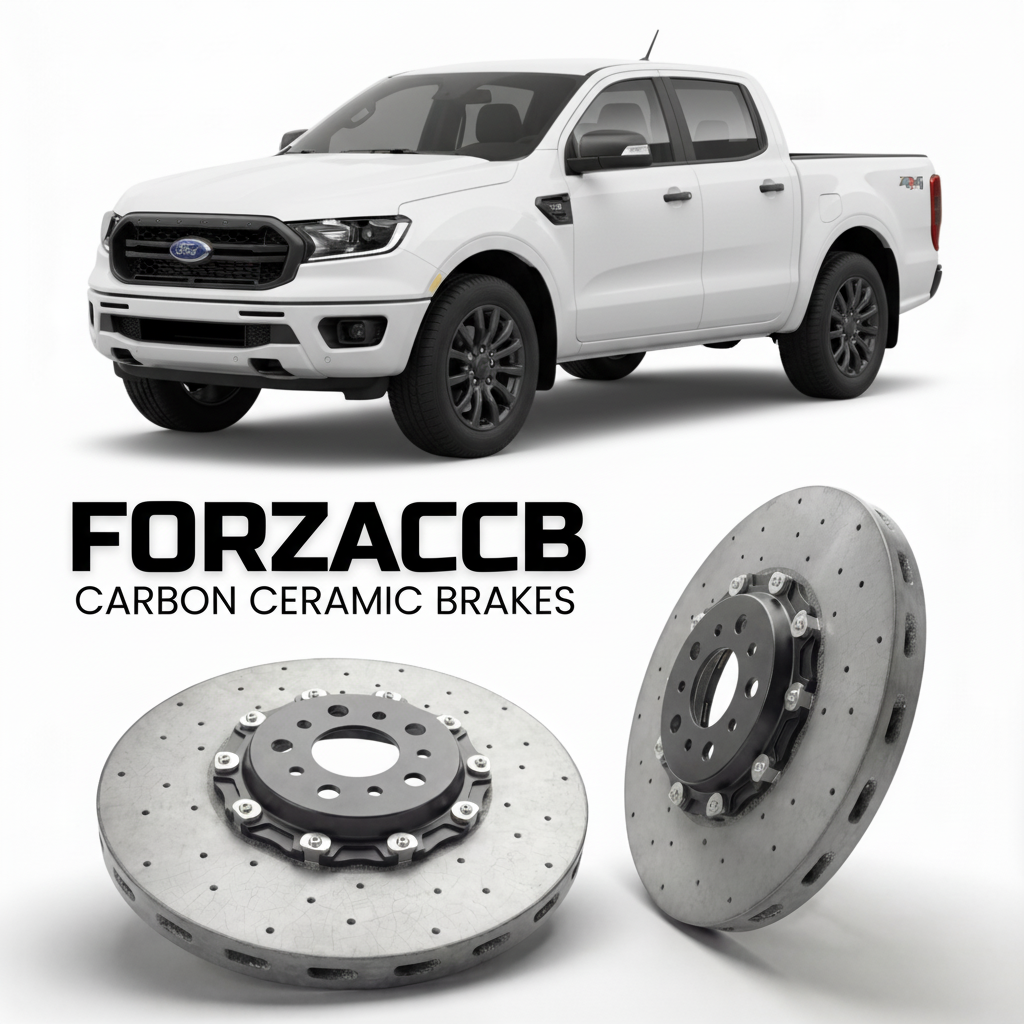 ForzaCCB direct OEM replacement carbon ceramic brake rotors for 2023+) Ford Ranger V SuperCrew (Americas models, shown with a white Ford Ranger car.