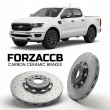 ForzaCCB direct OEM replacement carbon ceramic brake rotors for 2023+) Ford Ranger V SuperCrew (Americas models, shown with a white Ford Ranger car.
