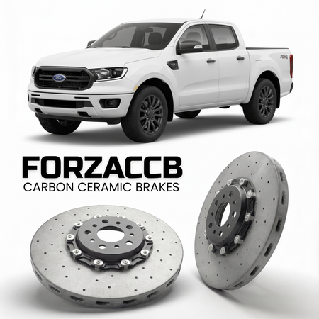 ForzaCCB direct OEM replacement carbon ceramic brake rotors for 2023+) Ford Ranger V SuperCrew (Americas models, shown with a white Ford Ranger car.