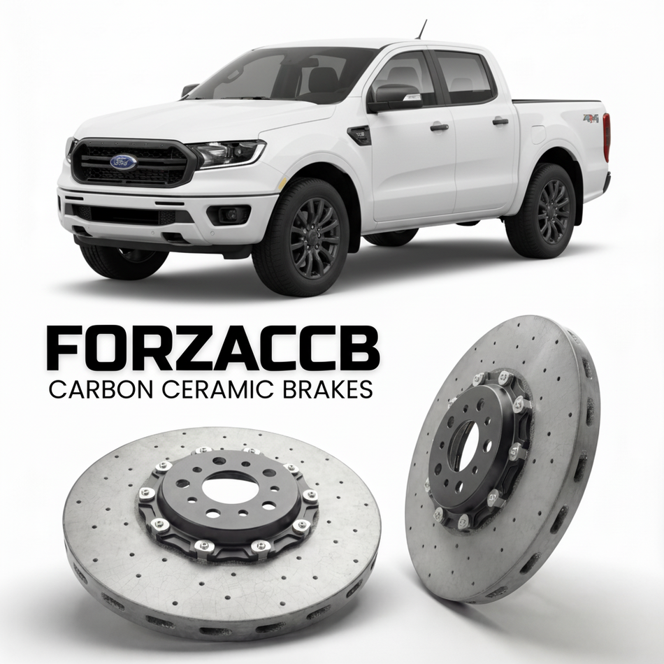 ForzaCCB direct OEM replacement carbon ceramic brake rotors for 2023+) Ford Ranger V SuperCrew (Americas models, shown with a white Ford Ranger car.
