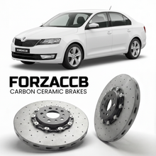 ForzaCCB direct OEM replacement carbon ceramic brake rotors for 2013 to 2023 Skoda Rapid NH models, shown with a white Skoda Rapid car.