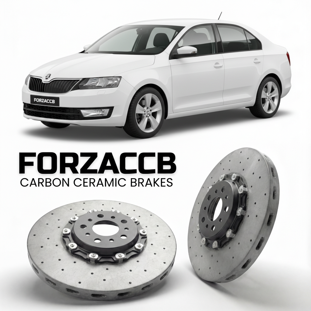 ForzaCCB direct OEM replacement carbon ceramic brake rotors for 2013 to 2023 Skoda Rapid NH models, shown with a white Skoda Rapid car.