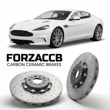 ForzaCCB direct OEM replacement carbon ceramic brake rotors for 2010 to 2020 Aston Martin Rapide VH models, shown with a white Aston Martin Rapide car.