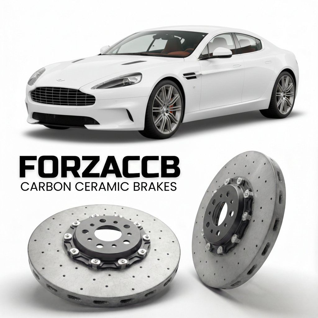 ForzaCCB direct OEM replacement carbon ceramic brake rotors for 2010 to 2020 Aston Martin Rapide VH models, shown with a white Aston Martin Rapide car.
