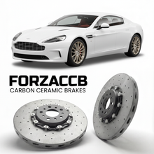 ForzaCCB direct OEM replacement carbon ceramic brake rotors for 2013 to 2020 Aston Martin Rapide VH models, shown with a white Aston Martin Rapide car.