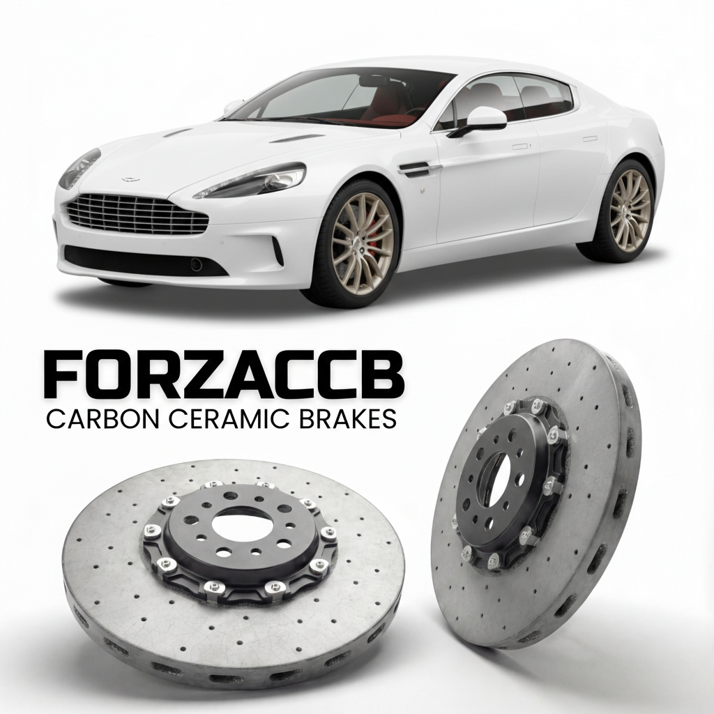 ForzaCCB direct OEM replacement carbon ceramic brake rotors for 2013 to 2020 Aston Martin Rapide VH models, shown with a white Aston Martin Rapide car.