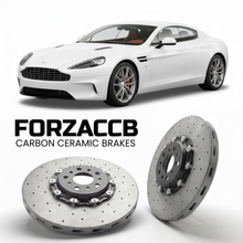 ForzaCCB direct OEM replacement carbon ceramic brake rotors for 2018 to 2020 Aston Martin Rapide VH models, shown with a white Aston Martin Rapide car.