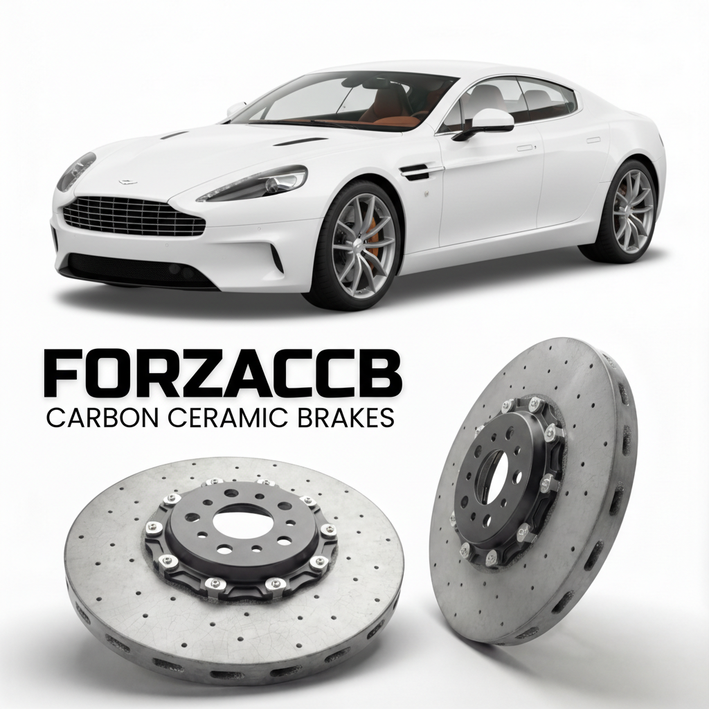 ForzaCCB direct OEM replacement carbon ceramic brake rotors for 2018 to 2020 Aston Martin Rapide VH models, shown with a white Aston Martin Rapide car.