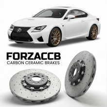 ForzaCCB direct OEM replacement carbon ceramic brake rotors for 2015 to 2024 Lexus RC F USC10 models, shown with a white Lexus RC F car.