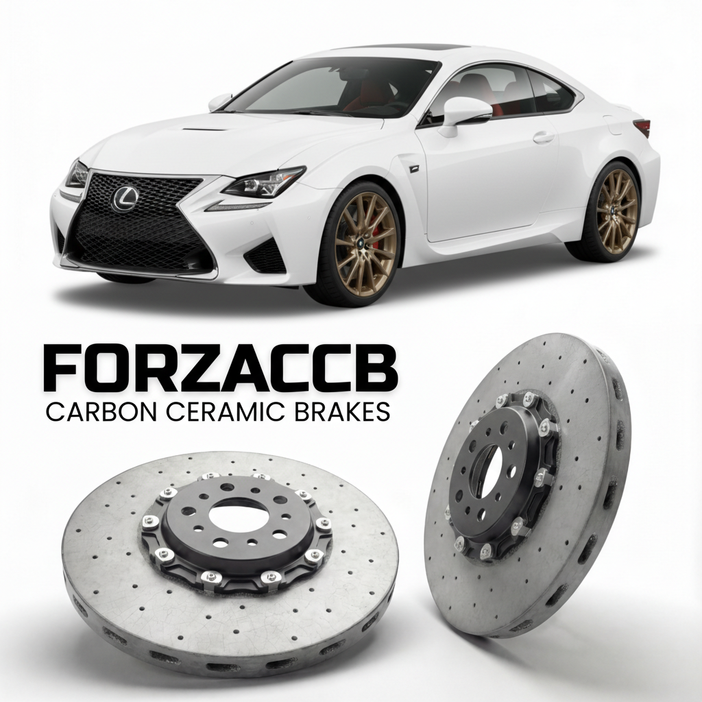 ForzaCCB direct OEM replacement carbon ceramic brake rotors for 2015 to 2024 Lexus RC F USC10 models, shown with a white Lexus RC F car.