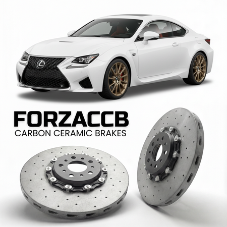 ForzaCCB direct OEM replacement carbon ceramic brake rotors for 2015 to 2024 Lexus RC F USC10 models, shown with a white Lexus RC F car.