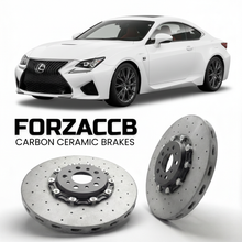 ForzaCCB direct OEM replacement carbon ceramic brake rotors for 2019 and newer Lexus RC F USC10 models, shown with a white Lexus RC F car.