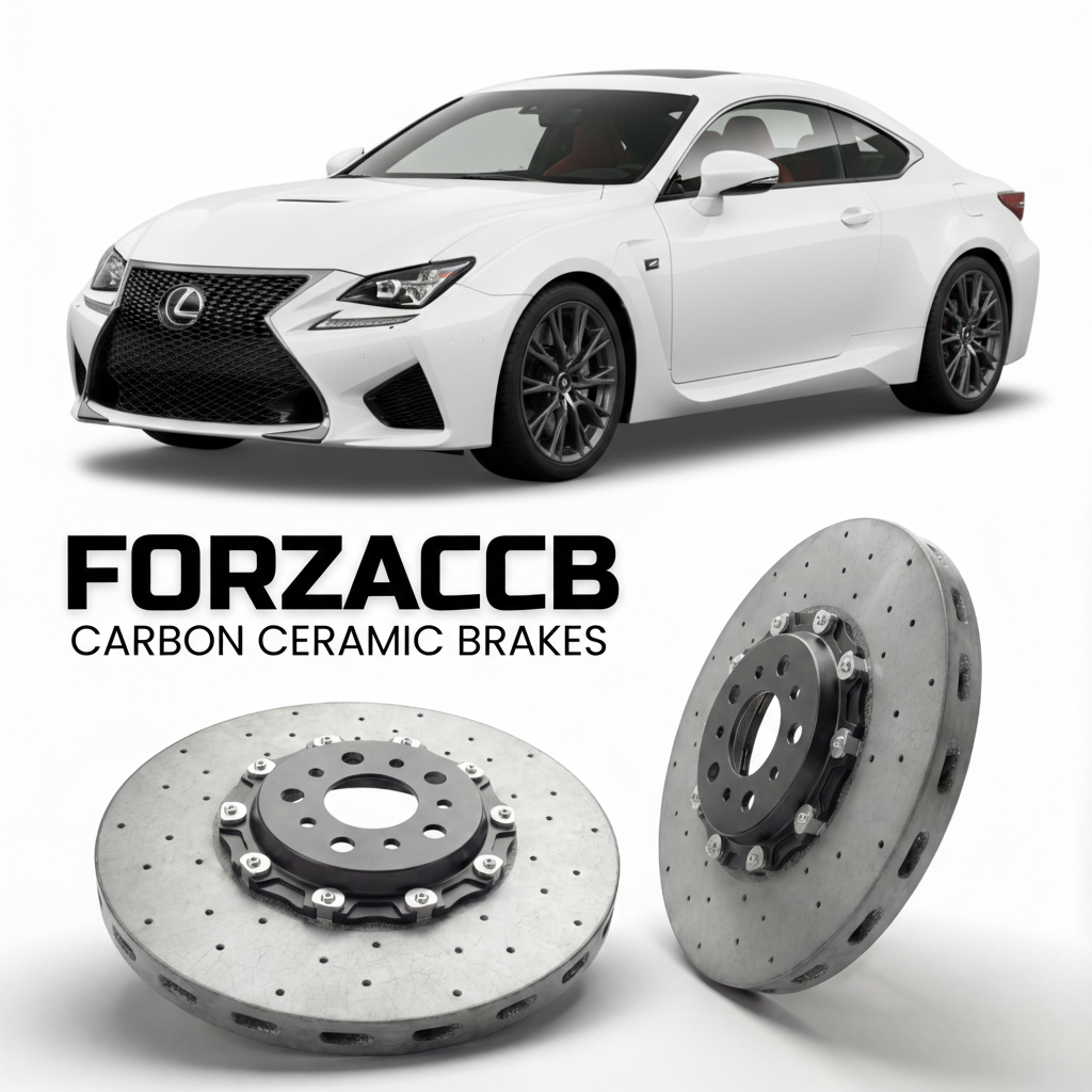 ForzaCCB direct OEM replacement carbon ceramic brake rotors for 2019 and newer Lexus RC F USC10 models, shown with a white Lexus RC F car.