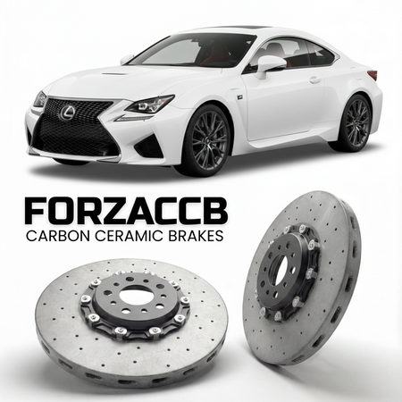 ForzaCCB direct OEM replacement carbon ceramic brake rotors for 2019 and newer Lexus RC F USC10 models, shown with a white Lexus RC F car.