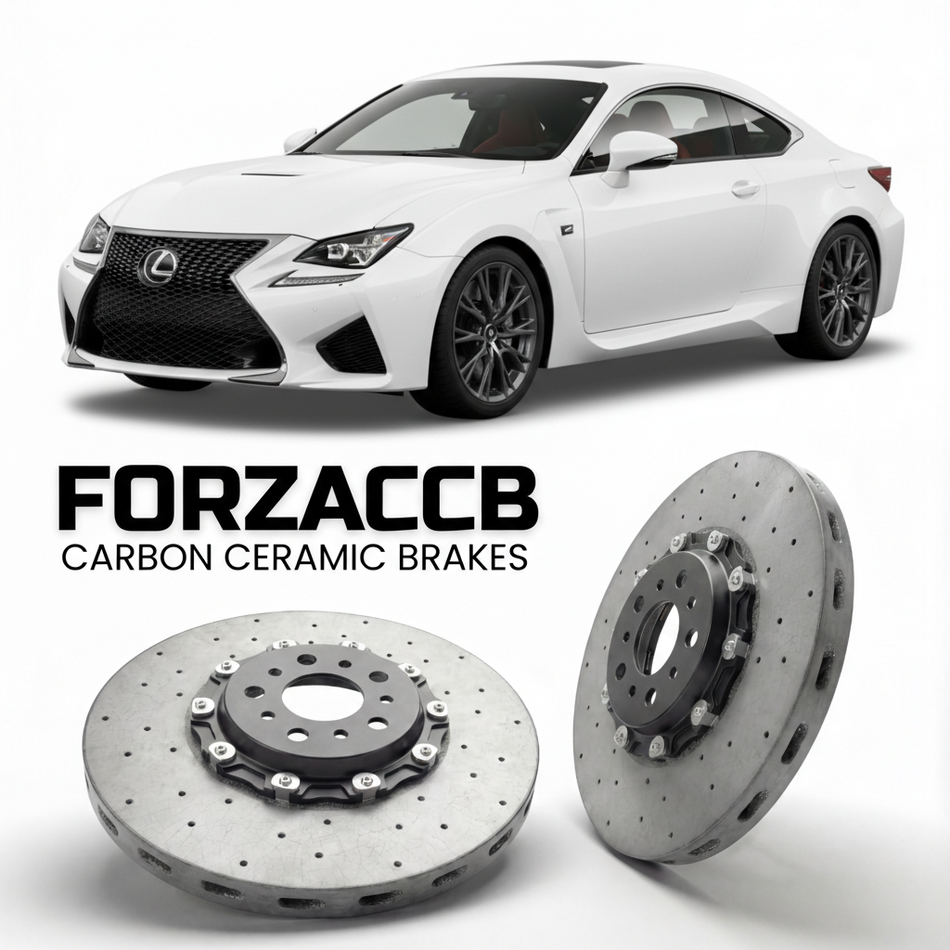 ForzaCCB direct OEM replacement carbon ceramic brake rotors for 2019 and newer Lexus RC F USC10 models, shown with a white Lexus RC F car.
