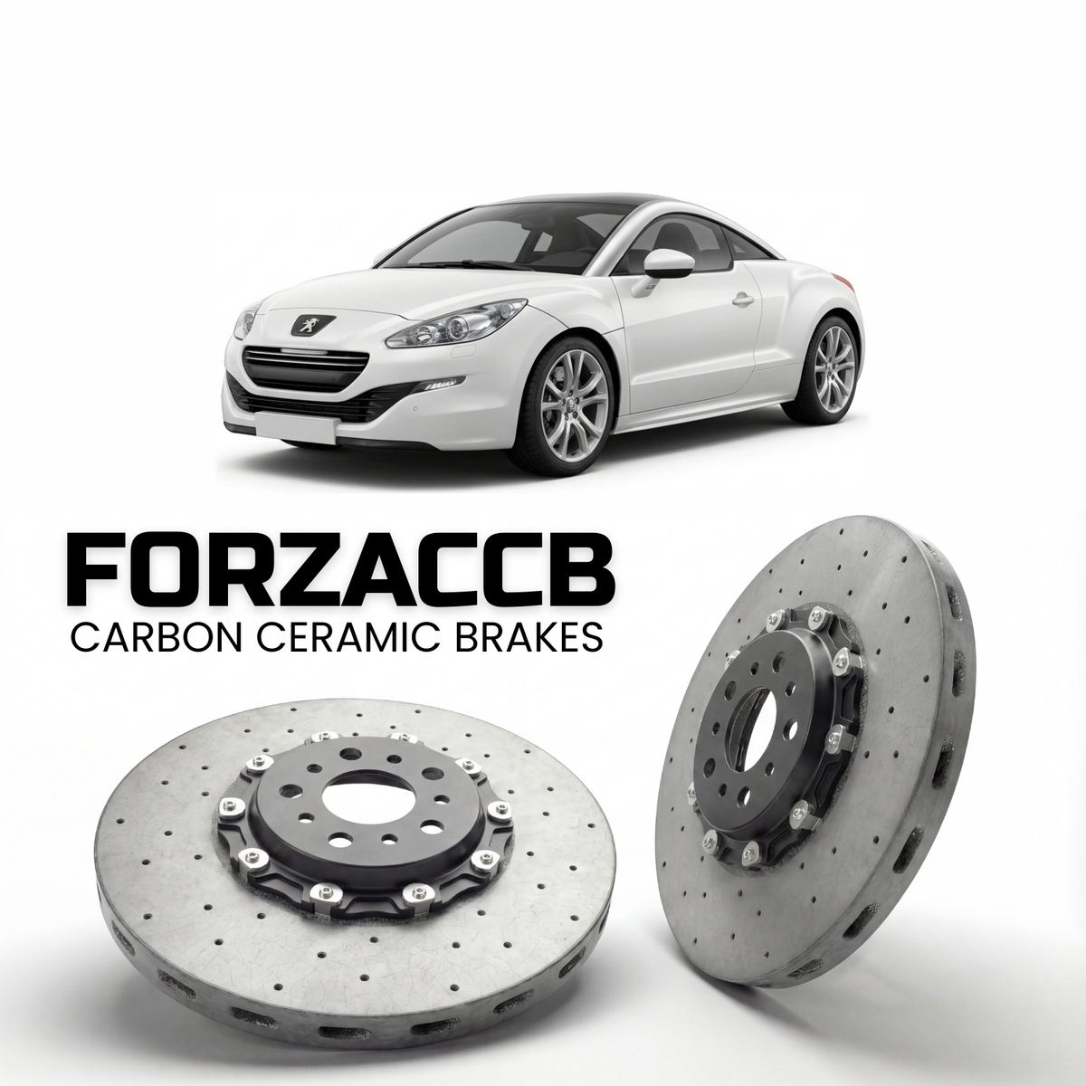 ForzaCCB direct OEM replacement carbon ceramic brake rotors for 2010 to 2015 Peugeot RCZ models, shown with a white Peugeot RCZ car.