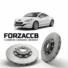 ForzaCCB direct OEM replacement carbon ceramic brake rotors for 2010 to 2015 Peugeot RCZ models, shown with a white Peugeot RCZ car.