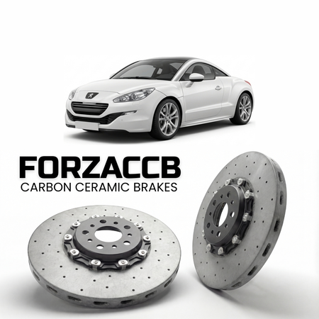 ForzaCCB direct OEM replacement carbon ceramic brake rotors for 2010 to 2015 Peugeot RCZ models, shown with a white Peugeot RCZ car.