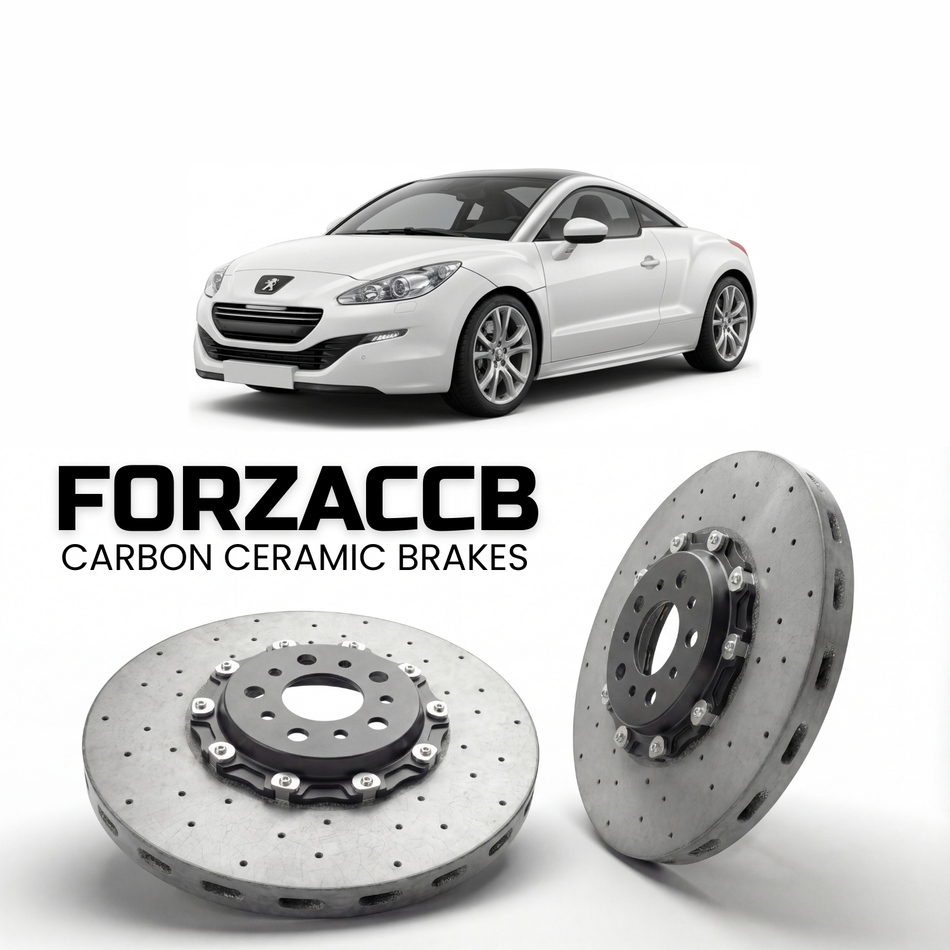 ForzaCCB direct OEM replacement carbon ceramic brake rotors for 2010 to 2015 Peugeot RCZ models, shown with a white Peugeot RCZ car.