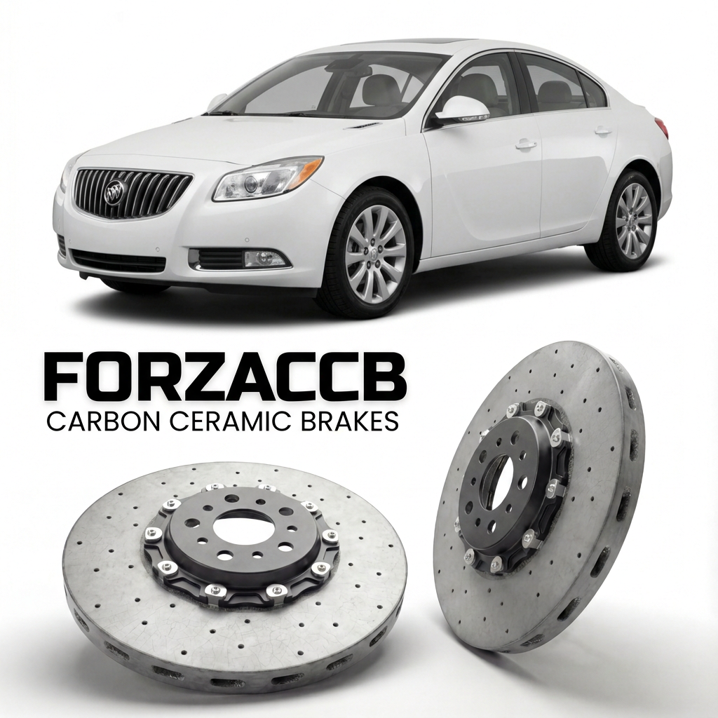 ForzaCCB direct OEM replacement carbon ceramic brake rotors for 2009 to 2013 Buick Regal V Sedan models, shown with a white Buick Regal car.