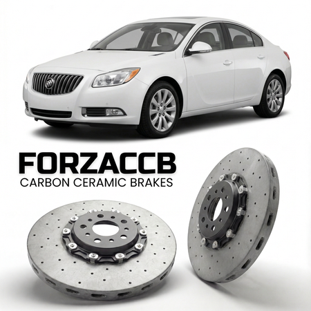 ForzaCCB direct OEM replacement carbon ceramic brake rotors for 2009 to 2013 Buick Regal V Sedan models, shown with a white Buick Regal car.