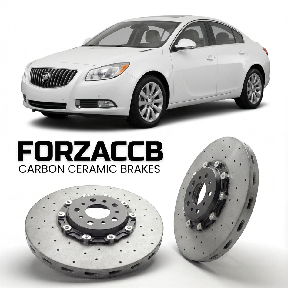 ForzaCCB direct OEM replacement carbon ceramic brake rotors for 2009 to 2013 Buick Regal V Sedan models, shown with a white Buick Regal car.