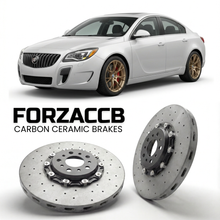 ForzaCCB direct OEM replacement carbon ceramic brake rotors for 2014-2017) Buick Regal V Sedan (facelift 2014 models, shown with a white Buick Regal car.