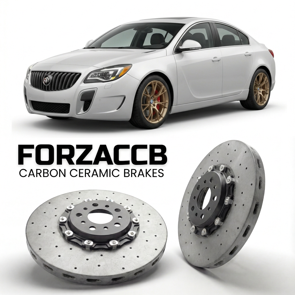 ForzaCCB direct OEM replacement carbon ceramic brake rotors for 2014-2017) Buick Regal V Sedan (facelift 2014 models, shown with a white Buick Regal car.