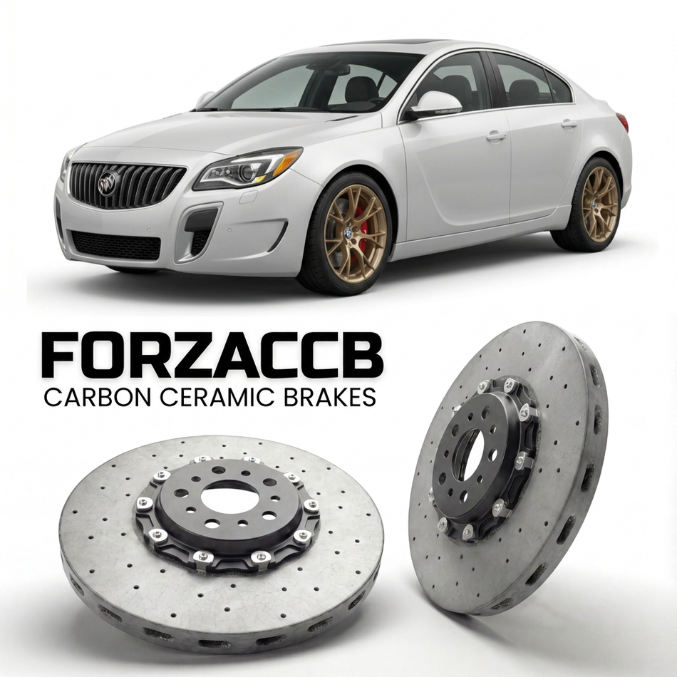 ForzaCCB direct OEM replacement carbon ceramic brake rotors for 2014-2017) Buick Regal V Sedan (facelift 2014 models, shown with a white Buick Regal car.