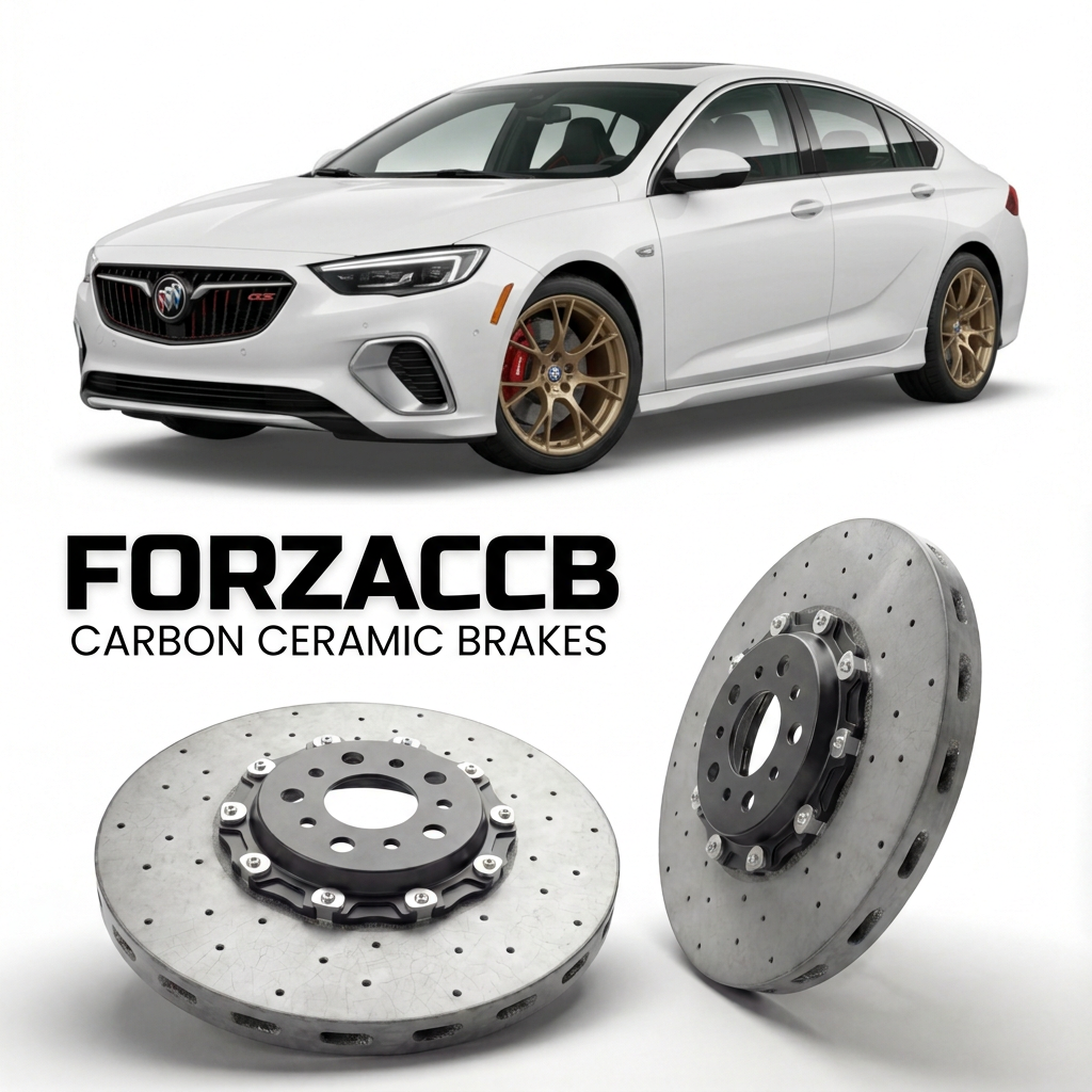 ForzaCCB direct OEM replacement carbon ceramic brake rotors for 2018 to 2020 Buick Regal VI GS models, shown with a white Buick Regal car.