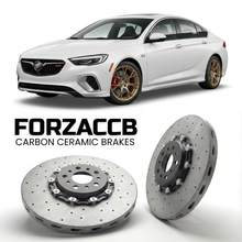 ForzaCCB direct OEM replacement carbon ceramic brake rotors for 2018 to 2020 Buick Regal VI GS models, shown with a white Buick Regal car.
