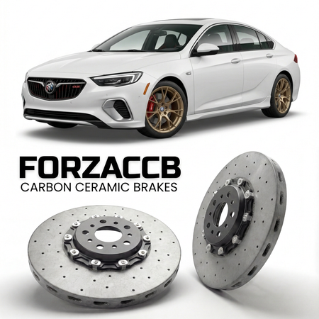ForzaCCB direct OEM replacement carbon ceramic brake rotors for 2018 to 2020 Buick Regal VI GS models, shown with a white Buick Regal car.