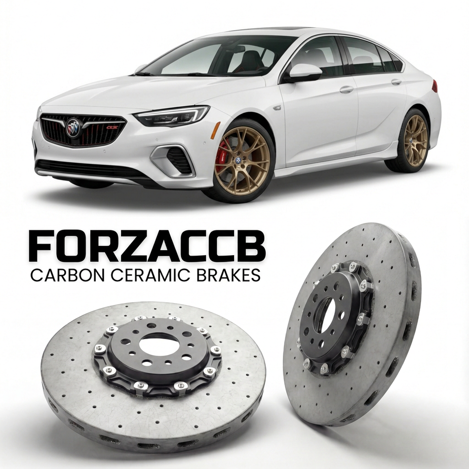 ForzaCCB direct OEM replacement carbon ceramic brake rotors for 2018 to 2020 Buick Regal VI GS models, shown with a white Buick Regal car.