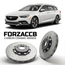 ForzaCCB direct OEM replacement carbon ceramic brake rotors for 2018 to 2020 Buick Regal VI TourX models, shown with a white Buick Regal car.