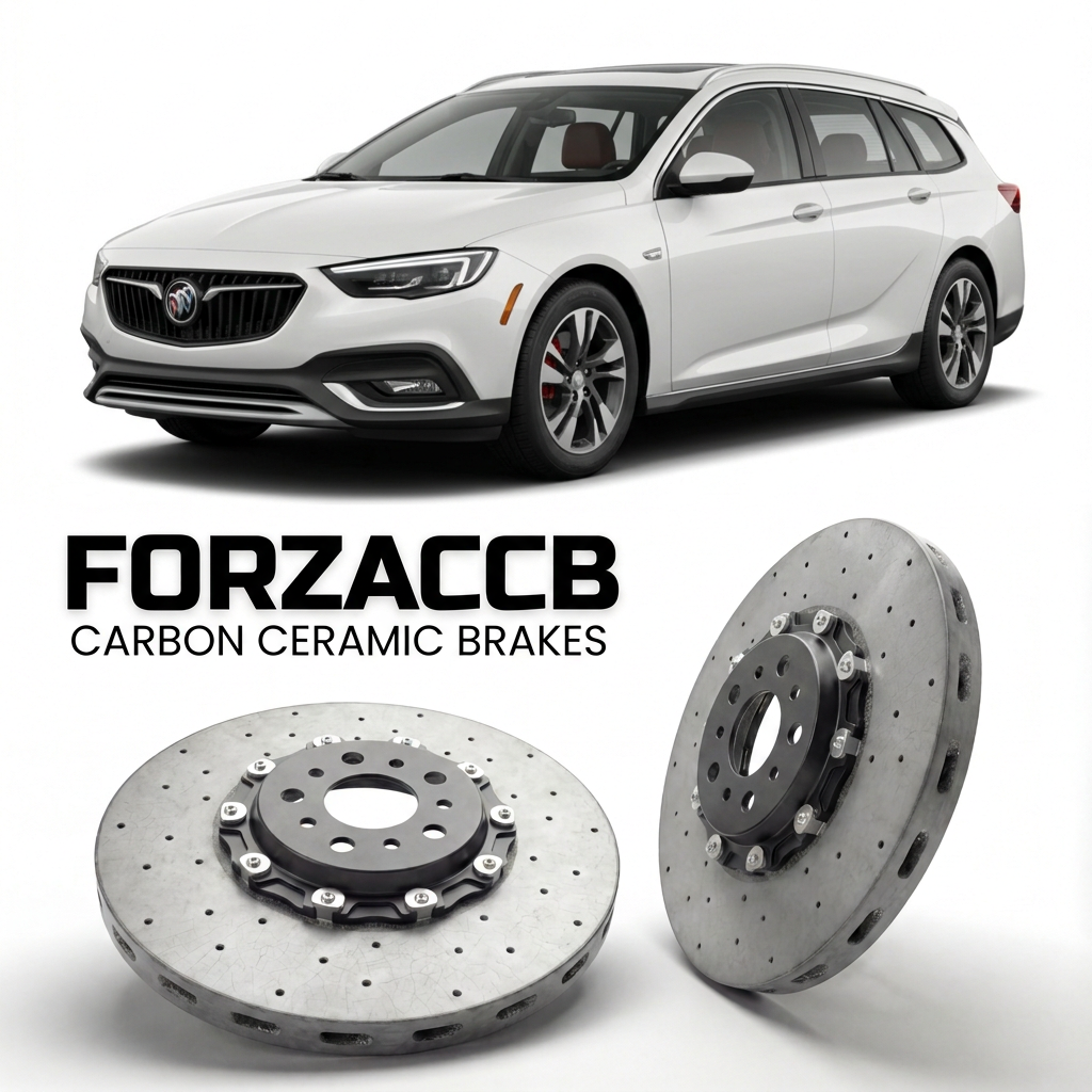 ForzaCCB direct OEM replacement carbon ceramic brake rotors for 2018 to 2020 Buick Regal VI TourX models, shown with a white Buick Regal car.