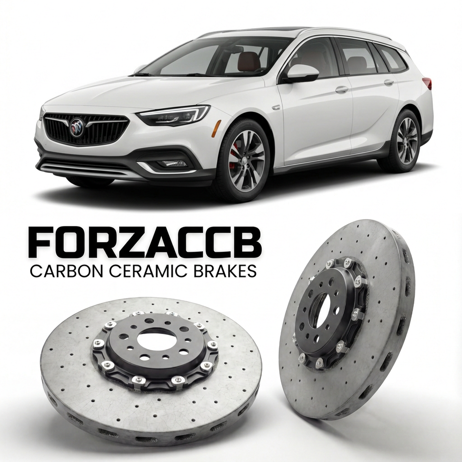 ForzaCCB direct OEM replacement carbon ceramic brake rotors for 2018 to 2020 Buick Regal VI TourX models, shown with a white Buick Regal car.