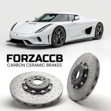 ForzaCCB direct OEM replacement carbon ceramic brake rotors for 2016 to 2022 Koenigsegg Regera models, shown with a white Koenigsegg Regera car.