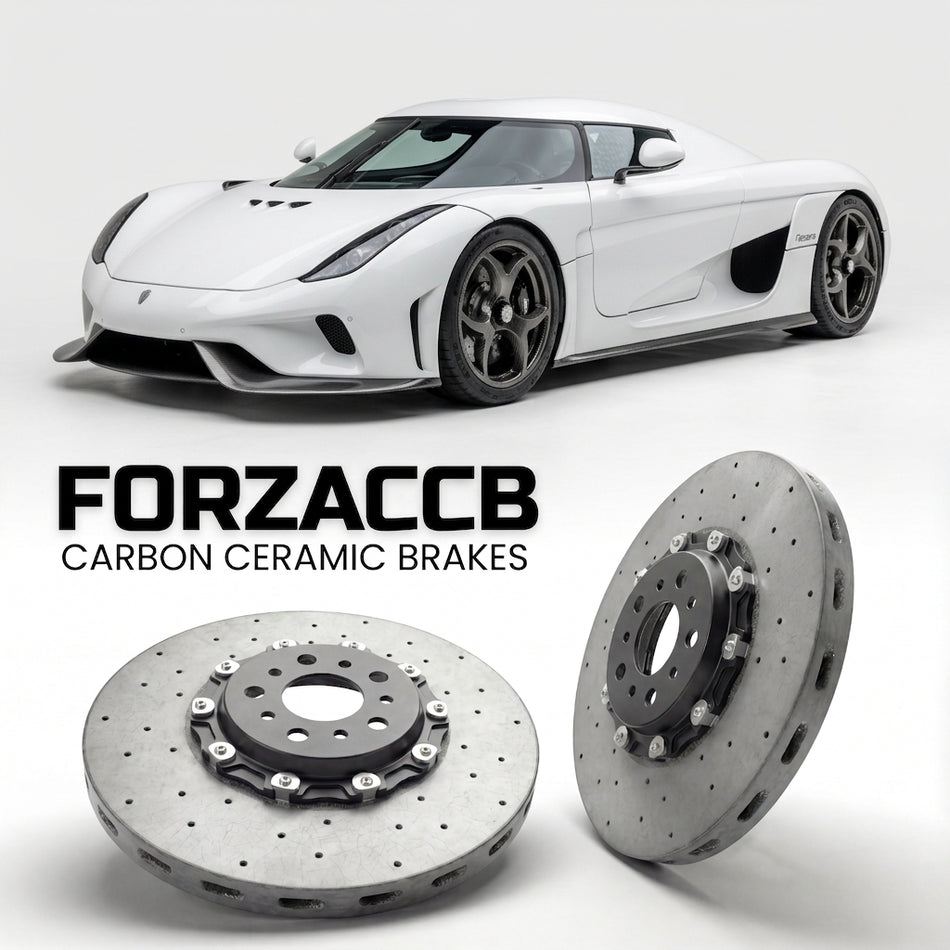ForzaCCB direct OEM replacement carbon ceramic brake rotors for 2016 to 2022 Koenigsegg Regera models, shown with a white Koenigsegg Regera car.