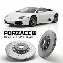 ForzaCCB direct OEM replacement carbon ceramic brake rotors for 2007 to 2009 Lamborghini Reventon models, shown with a white Lamborghini Reventon car.