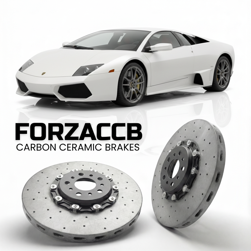 ForzaCCB direct OEM replacement carbon ceramic brake rotors for 2007 to 2009 Lamborghini Reventon models, shown with a white Lamborghini Reventon car.