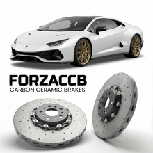 ForzaCCB direct OEM replacement carbon ceramic brake rotors for 2023 and newer Lamborghini Revuelto models, shown with a white Lamborghini Revuelto car.