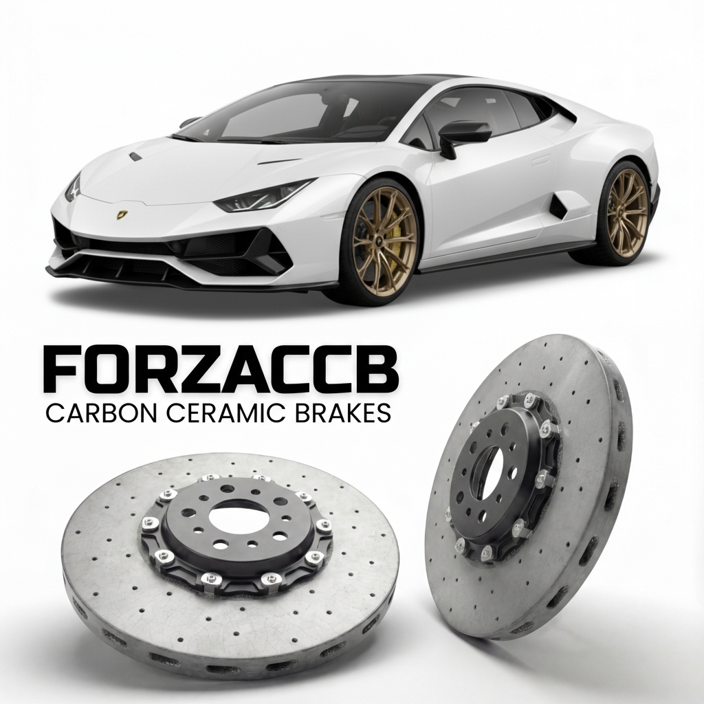 ForzaCCB direct OEM replacement carbon ceramic brake rotors for 2023 and newer Lamborghini Revuelto models, shown with a white Lamborghini Revuelto car.