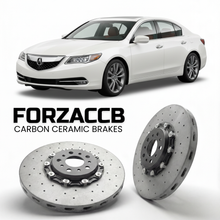 ForzaCCB direct OEM replacement carbon ceramic brake rotors for 2014 to 2020 Acura RLX KC2 models, shown with a white Acura RLX car.