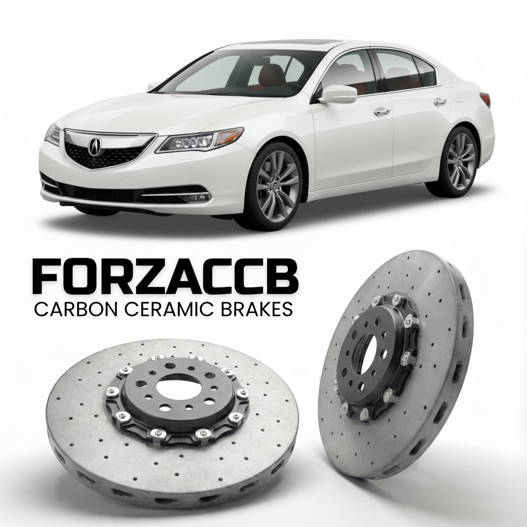 ForzaCCB direct OEM replacement carbon ceramic brake rotors for 2014 to 2020 Acura RLX KC2 models, shown with a white Acura RLX car.