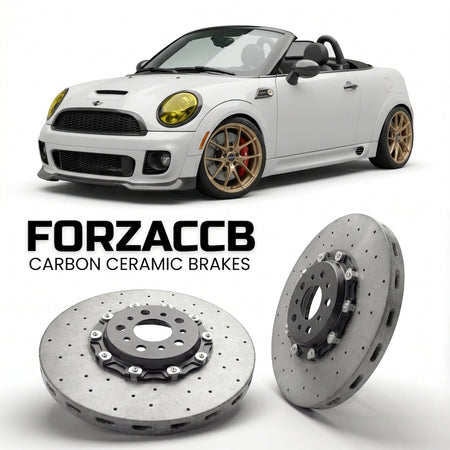 ForzaCCB direct OEM replacement carbon ceramic brake rotors for 2012 to 2015 Mini Roadster R59 models, shown with a white Mini Roadster car.
