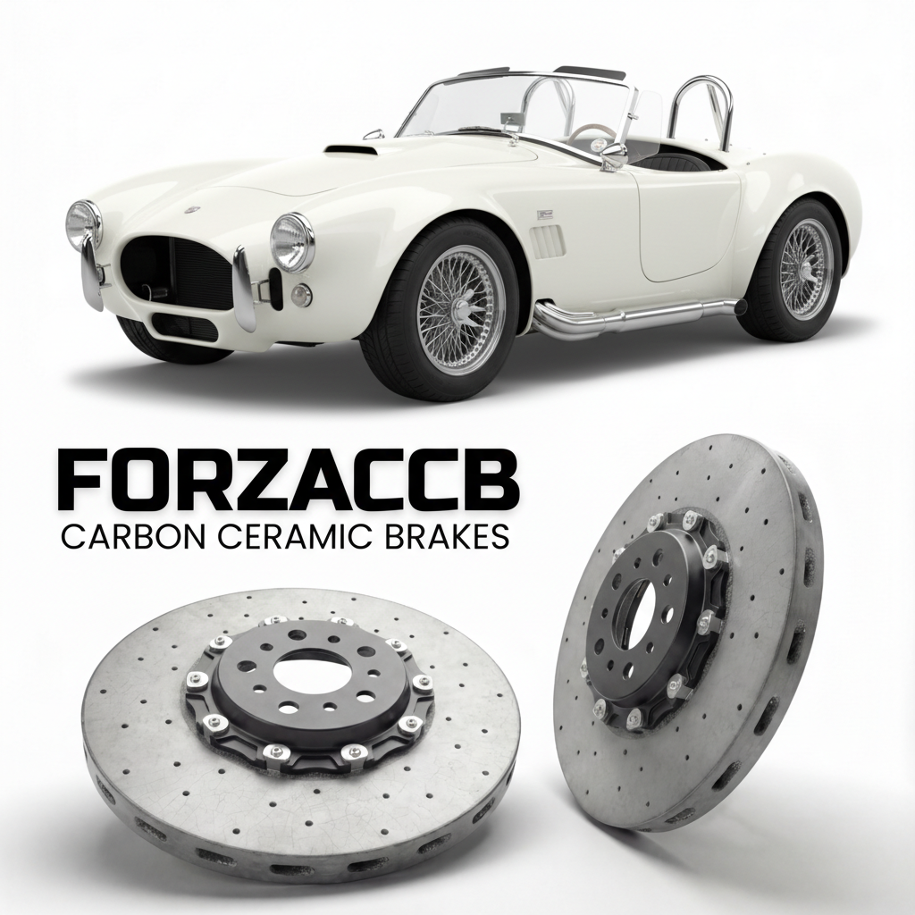 ForzaCCB direct OEM replacement carbon ceramic brake rotors for 2001 to 2026 Backdraft Racing Roadster models, shown with a white Backdraft Racing Roadster car.