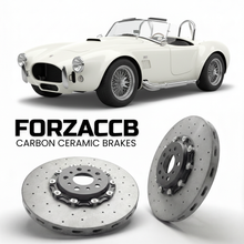 ForzaCCB direct OEM replacement carbon ceramic brake rotors for 2001 to 2026 Backdraft Racing Roadster models, shown with a white Backdraft Racing Roadster car.