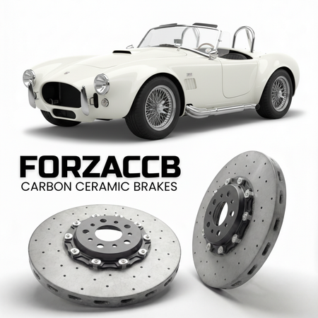 ForzaCCB direct OEM replacement carbon ceramic brake rotors for 2001 to 2026 Backdraft Racing Roadster models, shown with a white Backdraft Racing Roadster car.