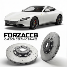 ForzaCCB direct OEM replacement carbon ceramic brake rotors for 2020 and newer Ferrari Roma models, shown with a white Ferrari Roma car.