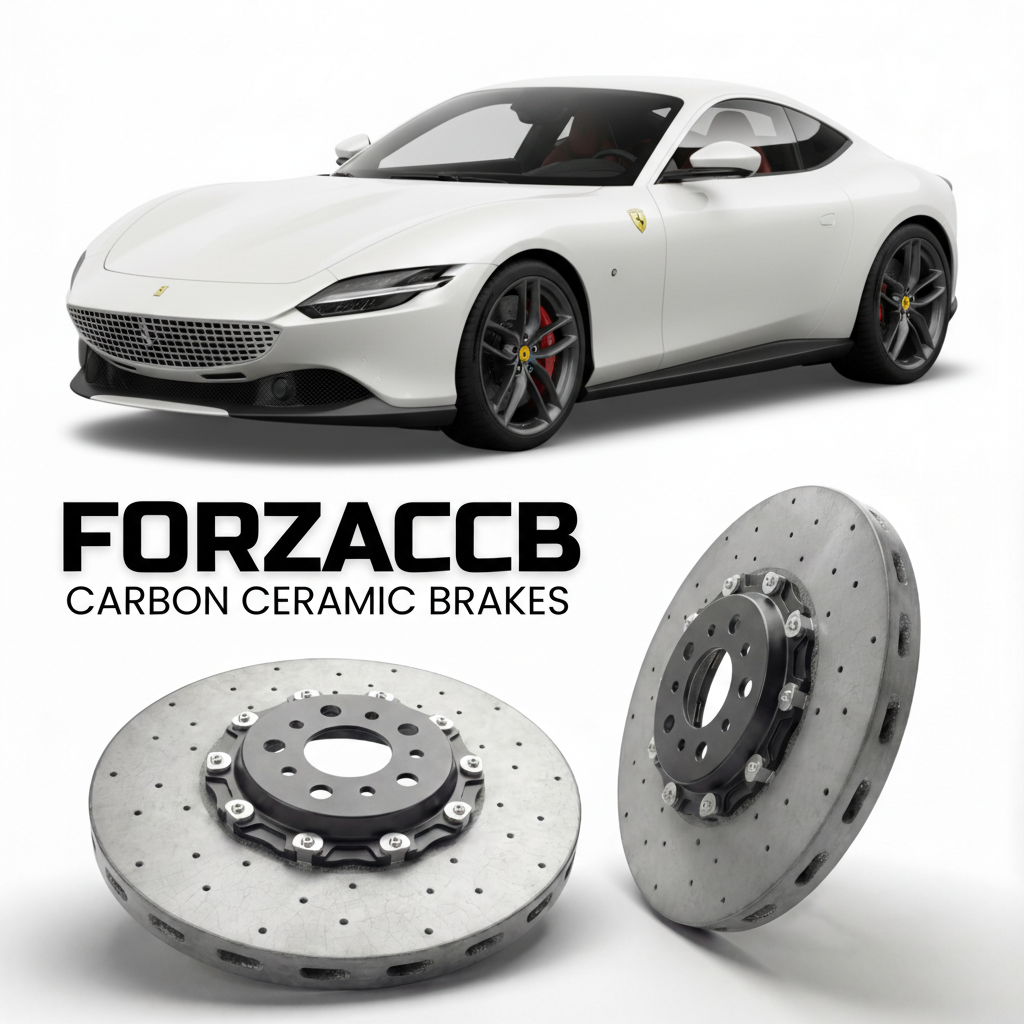ForzaCCB direct OEM replacement carbon ceramic brake rotors for 2020 and newer Ferrari Roma models, shown with a white Ferrari Roma car.